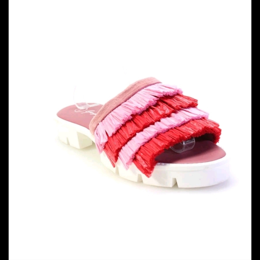NWOB George J. Love Striped Print Frayed Textured Block Heel Sandals SZ40